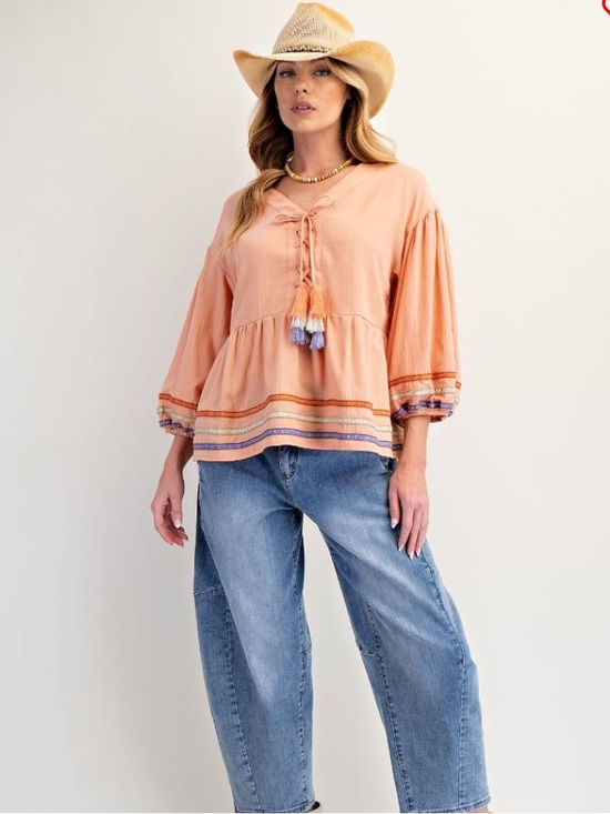 easel Tops - Easel LACE UP TASSEL EMBROIDERED TUNIC